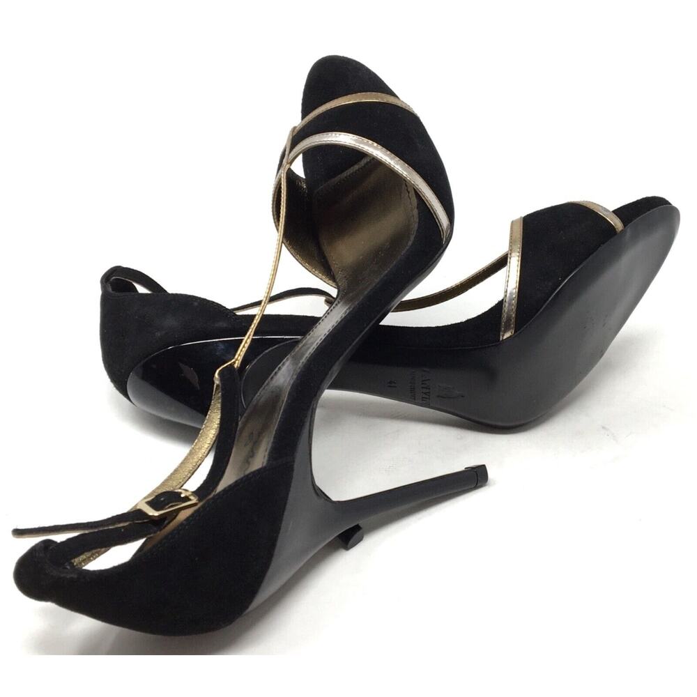 Lanvin Paris Women's Size 10/41 Black Suede Metallic Gold Leather T-Strap Heels - Picture 7 of 7